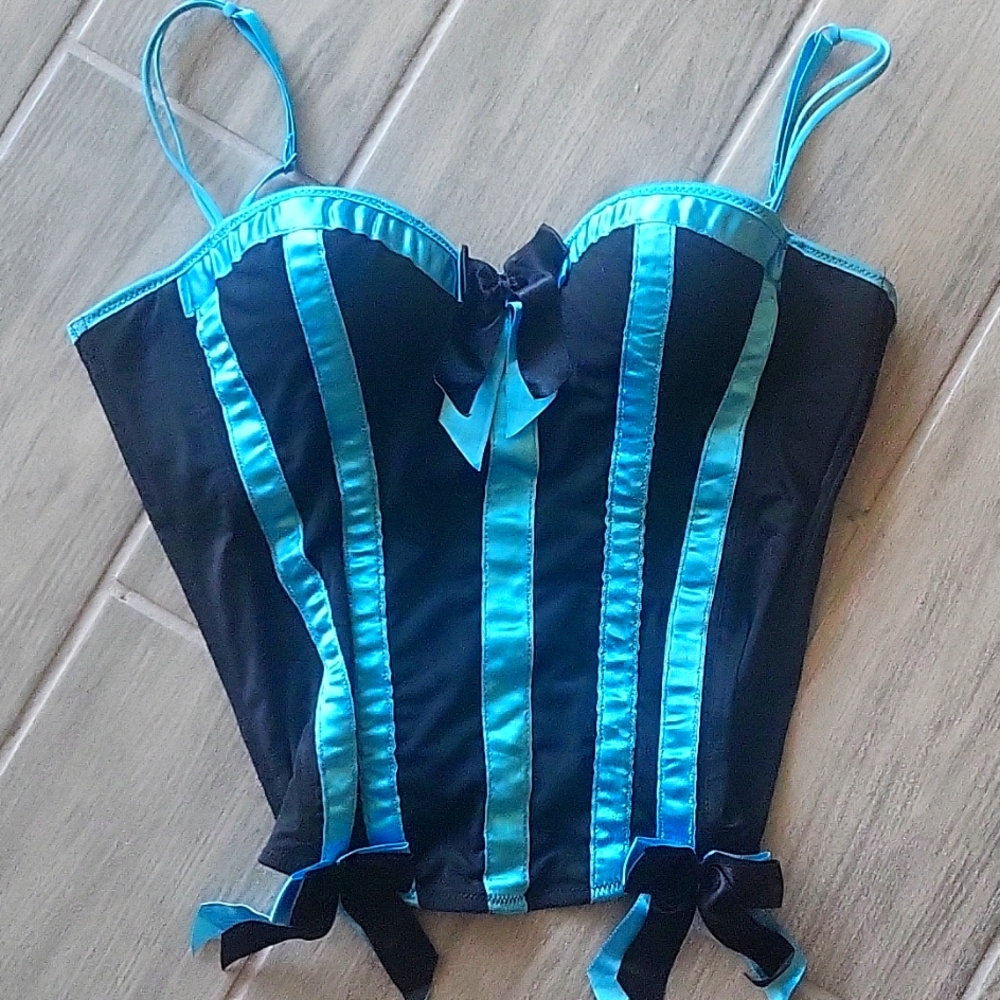 Morbid Threads goth Corset Bustier Top turquoise and black skulls bows Size 36C